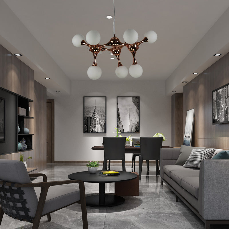 Contemporary Metal Chandelier with 9/15 Lights: Starburst Style, Rose Gold Finish, White Glass Bubble Shade