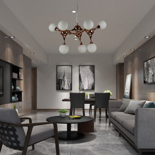 Contemporary Metal Chandelier with 9/15 Lights: Starburst Style, Rose Gold Finish, White Glass Bubble Shade