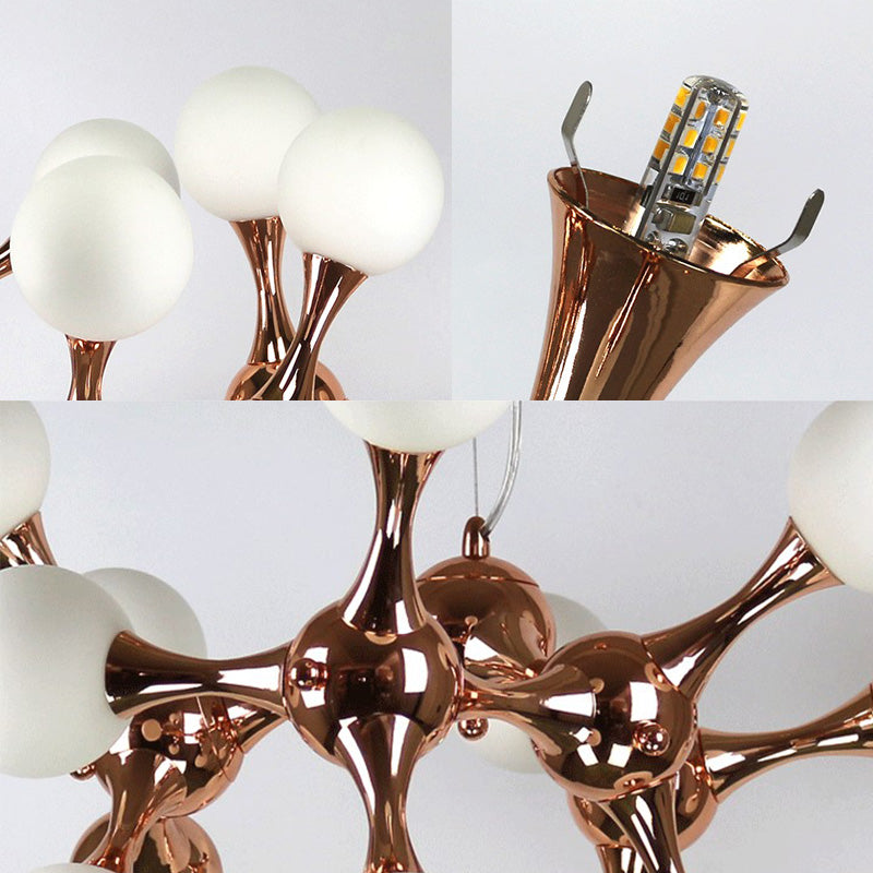 Contemporary Metal Chandelier with 9/15 Lights: Starburst Style, Rose Gold Finish, White Glass Bubble Shade