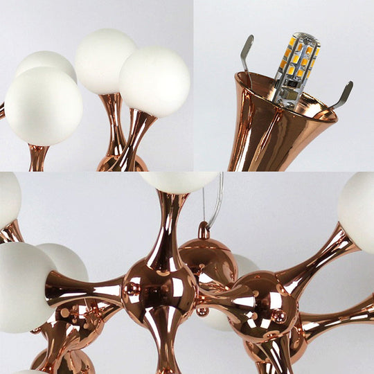 Contemporary Metal Chandelier with 9/15 Lights: Starburst Style, Rose Gold Finish, White Glass Bubble Shade