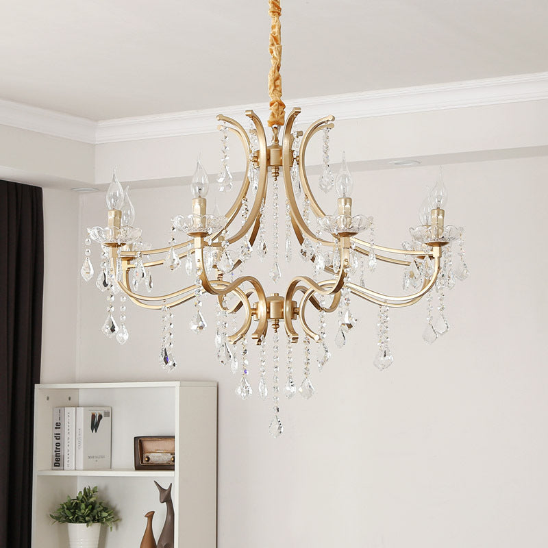 Modern Metal Flameless Candle Pendant Chandelier with Crystal Beads in Gold - 6/8 Heads Hanging Lamp