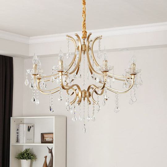 Modern Metal Flameless Candle Pendant Chandelier with Crystal Beads in Gold - 6/8 Heads Hanging Lamp