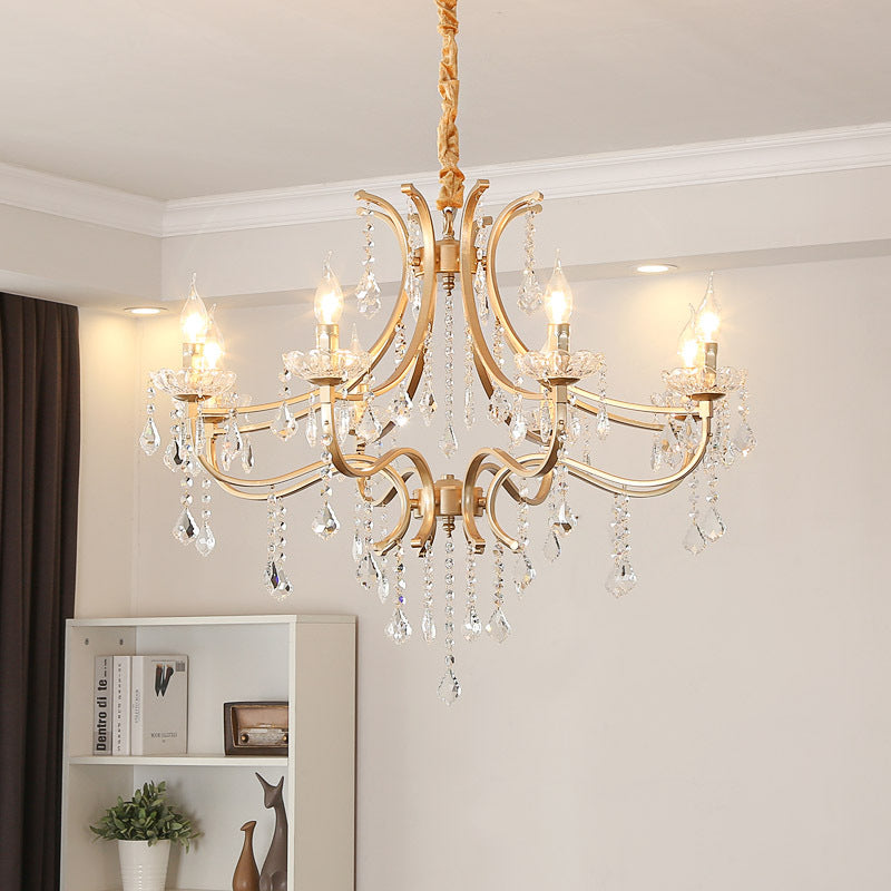 Modern Metal Flameless Candle Pendant Chandelier with Crystal Beads in Gold - 6/8 Heads Hanging Lamp