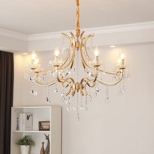 Modern Metal Flameless Candle Pendant Chandelier with Crystal Beads in Gold - 6/8 Heads Hanging Lamp