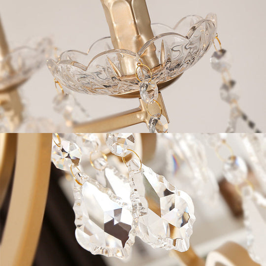 Modern Metal Flameless Candle Pendant Chandelier with Crystal Beads in Gold - 6/8 Heads Hanging Lamp