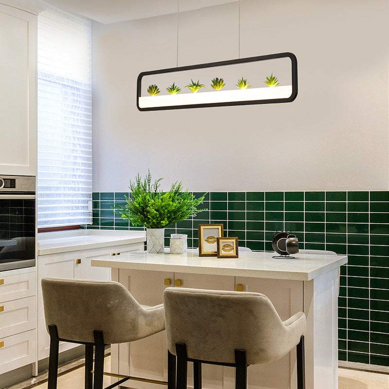 Modern LED Metal Rectangular Chandelier, 27.5" Wide Ceiling Hung Light in White/Black, with Artificial Plant and White/Warm Light