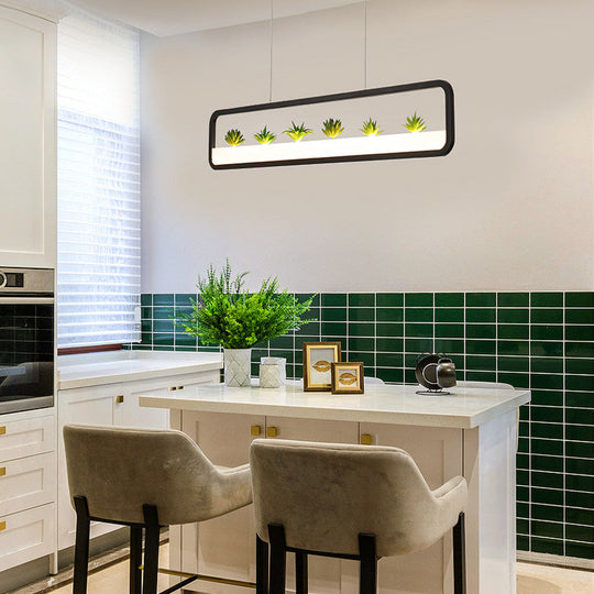 Modern LED Metal Rectangular Chandelier, 27.5" Wide Ceiling Hung Light in White/Black, with Artificial Plant and White/Warm Light