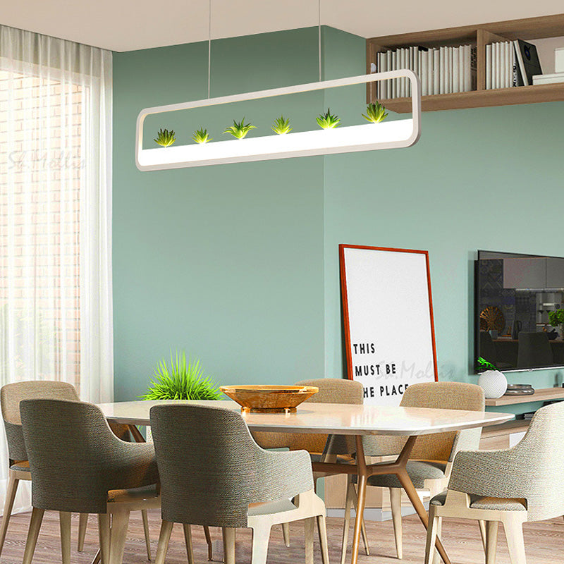 Modern LED Metal Rectangular Chandelier, 27.5" Wide Ceiling Hung Light in White/Black, with Artificial Plant and White/Warm Light