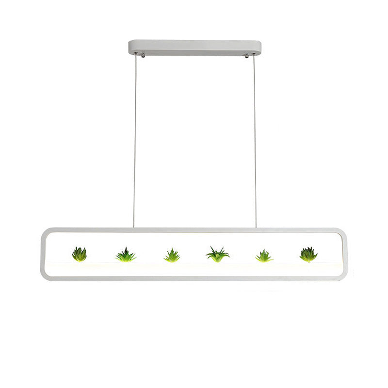 Modern LED Metal Rectangular Chandelier, 27.5" Wide Ceiling Hung Light in White/Black, with Artificial Plant and White/Warm Light