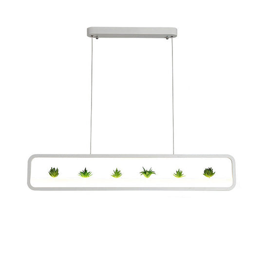 Modern LED Metal Rectangular Chandelier, 27.5" Wide Ceiling Hung Light in White/Black, with Artificial Plant and White/Warm Light