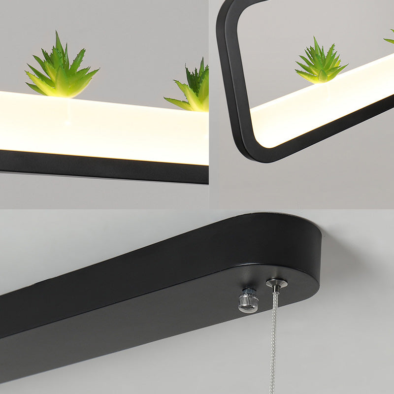 Modern LED Metal Rectangular Chandelier, 27.5" Wide Ceiling Hung Light in White/Black, with Artificial Plant and White/Warm Light
