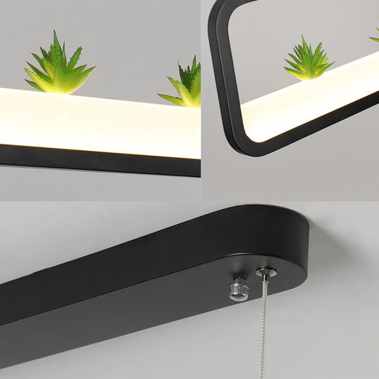 Modern LED Metal Rectangular Chandelier, 27.5" Wide Ceiling Hung Light in White/Black, with Artificial Plant and White/Warm Light