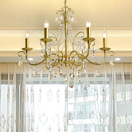 Vintage Bare Bulb Chandelier Pendant Light - Metallic Finish, Clear Crystal - Gold, 3/6 Heads