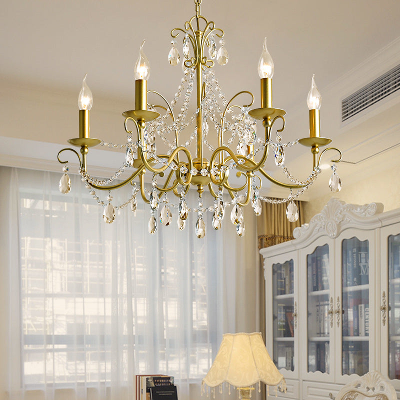 Vintage Bare Bulb Chandelier Pendant Light - Metallic Finish, Clear Crystal - Gold, 3/6 Heads