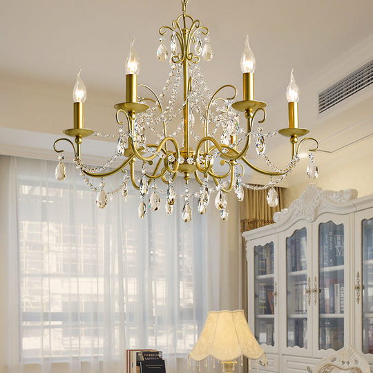 Vintage Bare Bulb Chandelier Pendant Light - Metallic Finish, Clear Crystal - Gold, 3/6 Heads