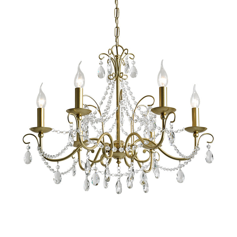 Vintage Bare Bulb Chandelier Pendant Light - Metallic Finish, Clear Crystal - Gold, 3/6 Heads