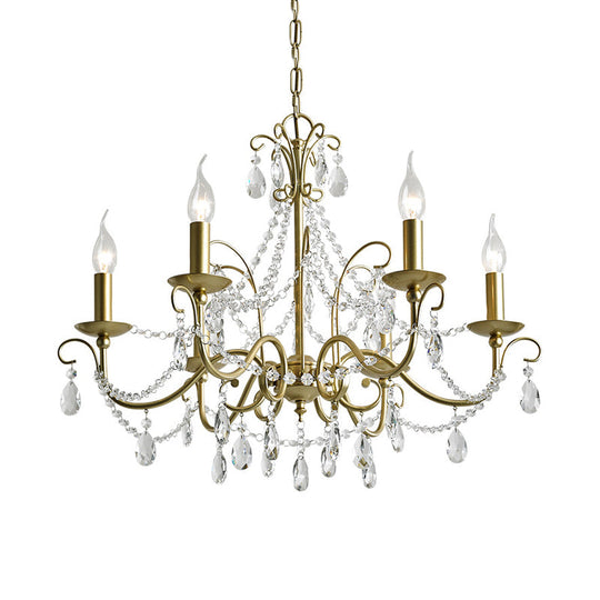 Vintage Bare Bulb Chandelier Pendant Light - Metallic Finish, Clear Crystal - Gold, 3/6 Heads