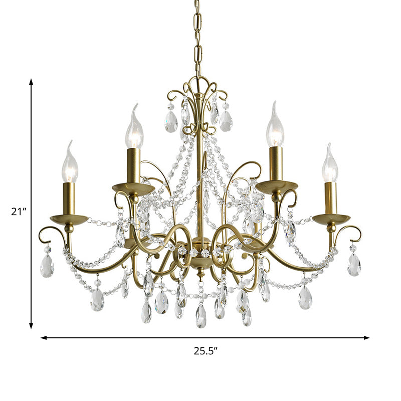 Vintage Bare Bulb Chandelier Pendant Light - Metallic Finish, Clear Crystal - Gold, 3/6 Heads