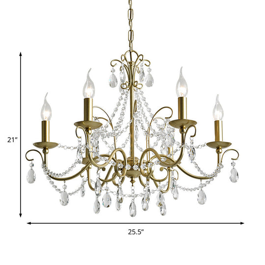 Vintage Bare Bulb Chandelier Pendant Light - Metallic Finish, Clear Crystal - Gold, 3/6 Heads