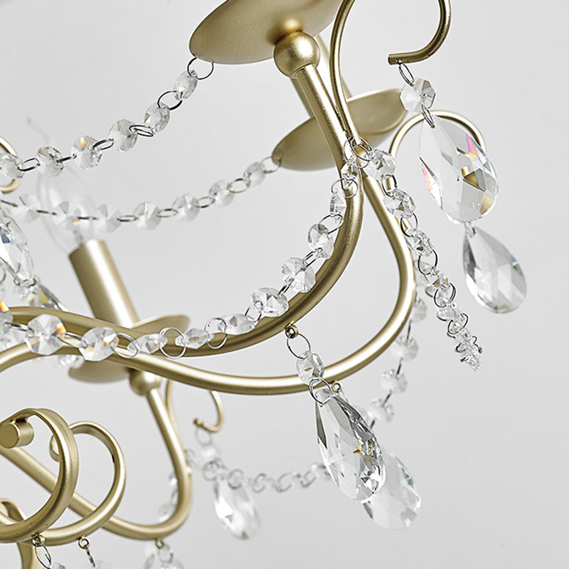 Vintage Bare Bulb Chandelier Pendant Light - Metallic Finish, Clear Crystal - Gold, 3/6 Heads