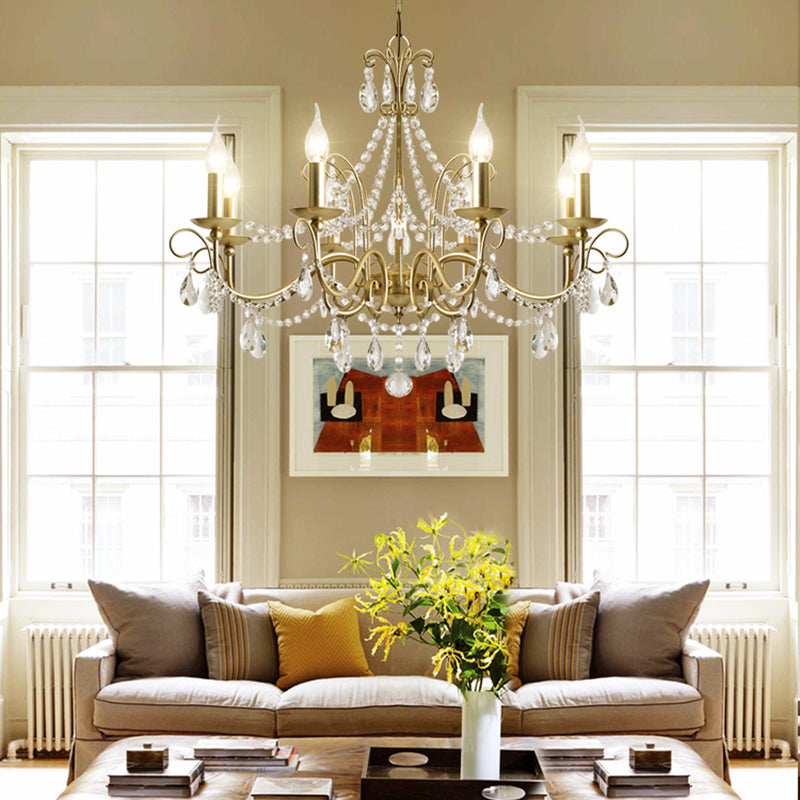 Vintage Bare Bulb Chandelier Pendant Light - Metallic Finish, Clear Crystal - Gold, 3/6 Heads