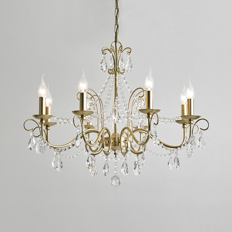 Vintage Bare Bulb Chandelier Pendant Light - Metallic Finish, Clear Crystal - Gold, 3/6 Heads