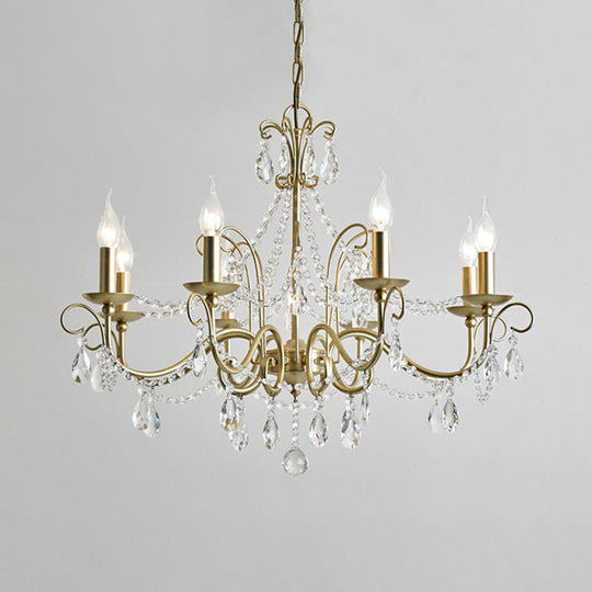 Vintage Bare Bulb Chandelier Pendant Light - Metallic Finish, Clear Crystal - Gold, 3/6 Heads