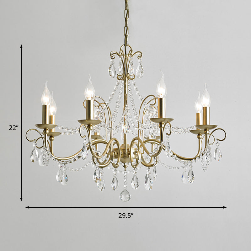 Vintage Bare Bulb Chandelier Pendant Light - Metallic Finish, Clear Crystal - Gold, 3/6 Heads