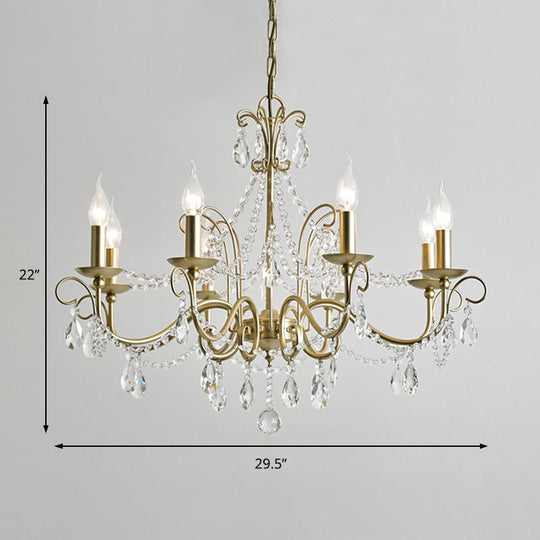 Vintage Bare Bulb Chandelier Pendant Light - Metallic Finish, Clear Crystal - Gold, 3/6 Heads