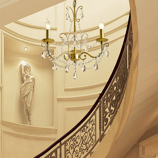 Vintage Bare Bulb Chandelier Pendant Light - Metallic Finish, Clear Crystal - Gold, 3/6 Heads