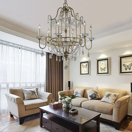 Modern 4/6-Heads Brass Pendant Light Fixture with Crystal Bead - Elegant Metallic Candle Chandelier
