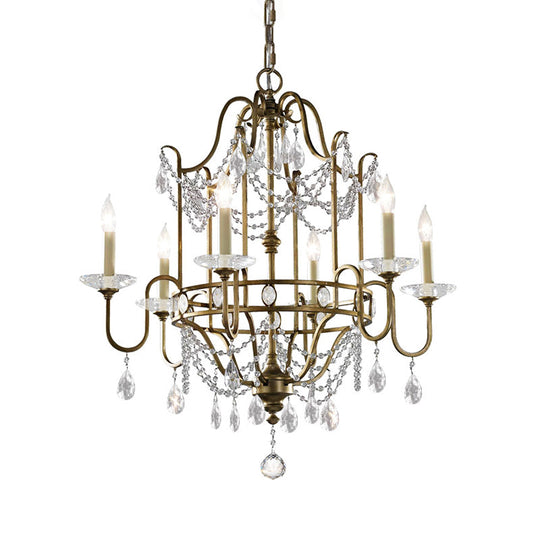 Modern 4/6-Heads Brass Pendant Light Fixture with Crystal Bead - Elegant Metallic Candle Chandelier