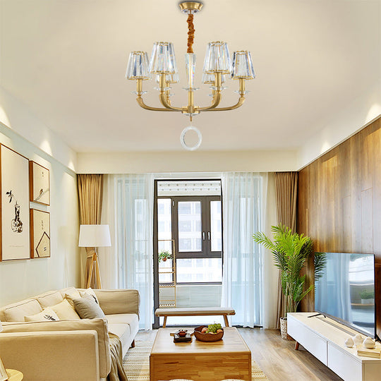 Modern Brass Pendant Light Fixture with Clear Crystal Cone Shade - 6 Light Chandelier for Bedroom