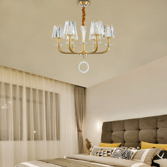 Modern Brass Pendant Light Fixture with Clear Crystal Cone Shade - 6 Light Chandelier for Bedroom