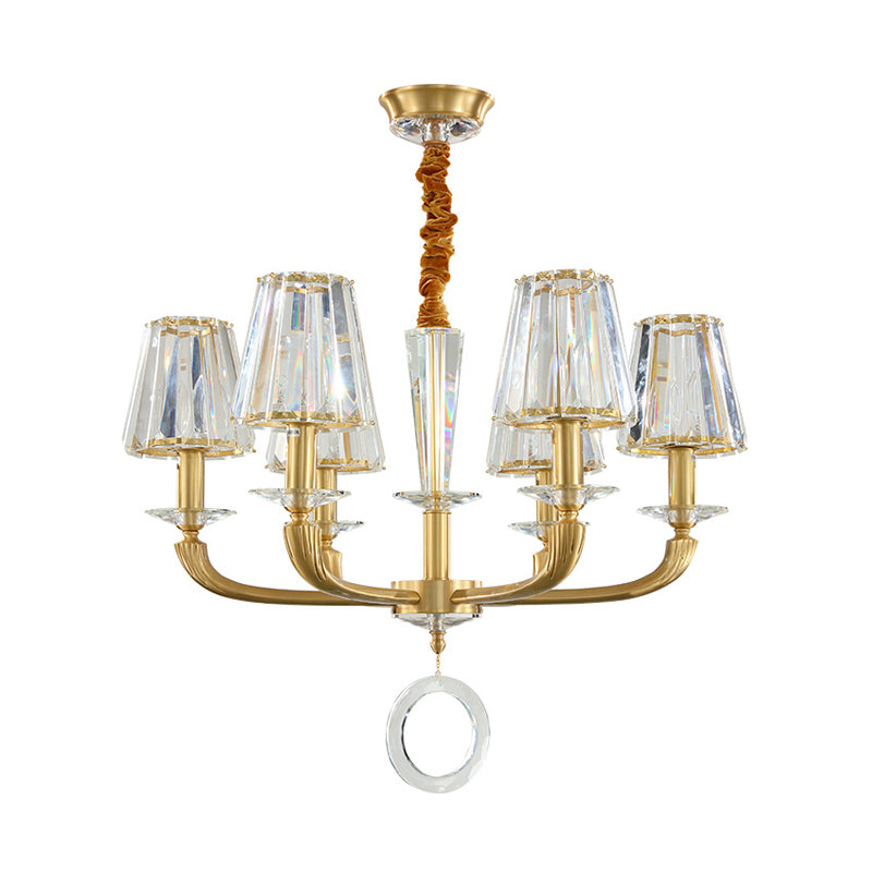 Modern Brass Pendant Light Fixture with Clear Crystal Cone Shade - 6 Light Chandelier for Bedroom