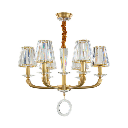 Modern Brass Pendant Light Fixture with Clear Crystal Cone Shade - 6 Light Chandelier for Bedroom