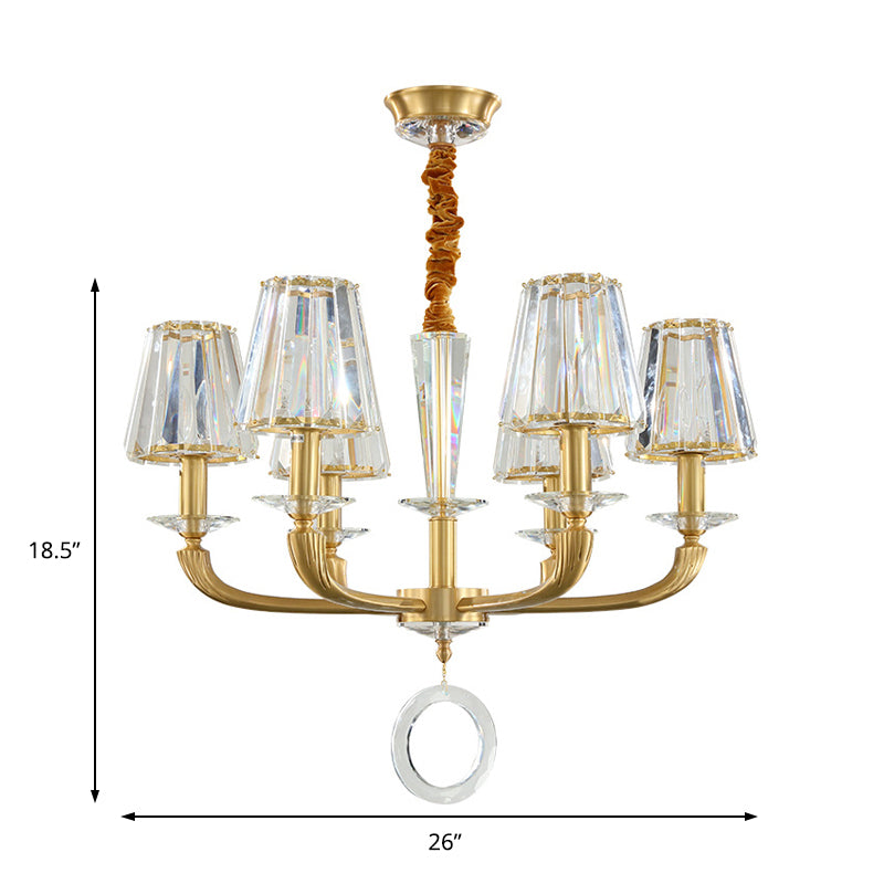 Modern Brass Pendant Light Fixture with Clear Crystal Cone Shade - 6 Light Chandelier for Bedroom