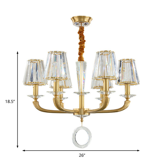 Modern Brass Pendant Light Fixture with Clear Crystal Cone Shade - 6 Light Chandelier for Bedroom