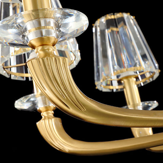 Modern Brass Pendant Light Fixture with Clear Crystal Cone Shade - 6 Light Chandelier for Bedroom