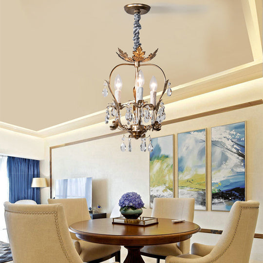 Country Style Caged Chandelier Light - Iron 3-Head Hanging Lamp with Crystal and Leaf Deco in Dark Rust