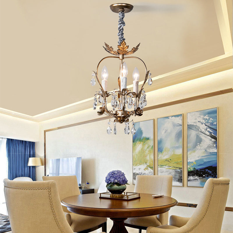 Country Style Caged Chandelier Light - Iron 3-Head Hanging Lamp with Crystal and Leaf Deco in Dark Rust