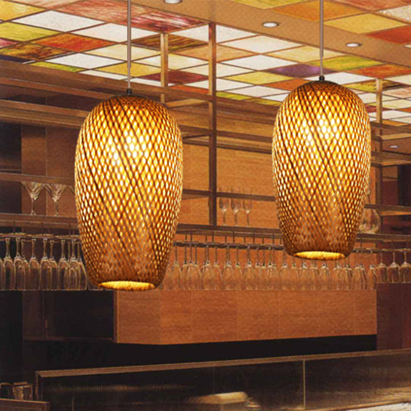 Bamboo 1-Light Pendant Lamp: Lodge Style Woven Shade, Kitchen Suspension Lighting in Yellow (9"/10" Wide)