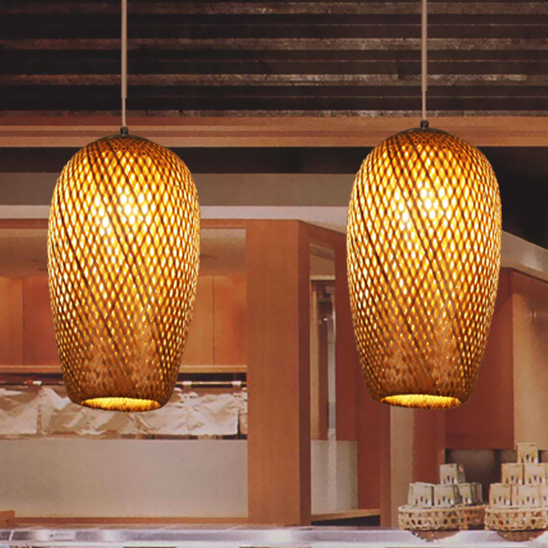 Bamboo 1-Light Pendant Lamp: Lodge Style Woven Shade, Kitchen Suspension Lighting in Yellow (9"/10" Wide)