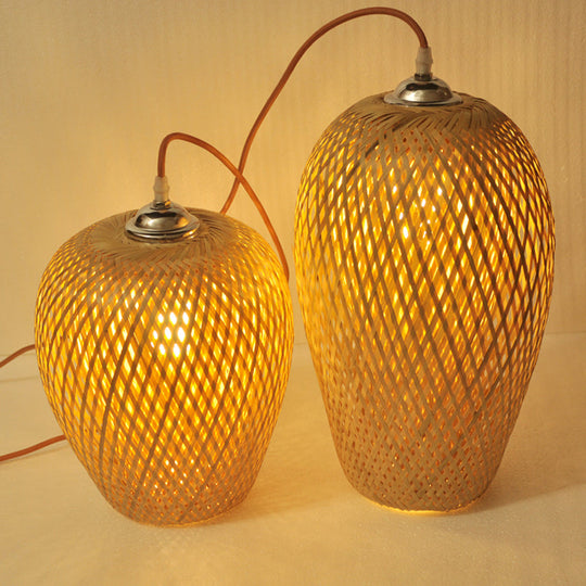 Bamboo 1-Light Pendant Lamp: Lodge Style Woven Shade, Kitchen Suspension Lighting in Yellow (9"/10" Wide)