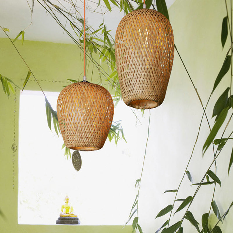 Bamboo 1-Light Pendant Lamp: Lodge Style Woven Shade, Kitchen Suspension Lighting in Yellow (9"/10" Wide)