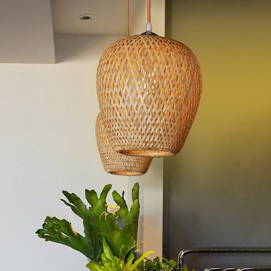 Bamboo 1-Light Pendant Lamp: Lodge Style Woven Shade, Kitchen Suspension Lighting in Yellow (9"/10" Wide)