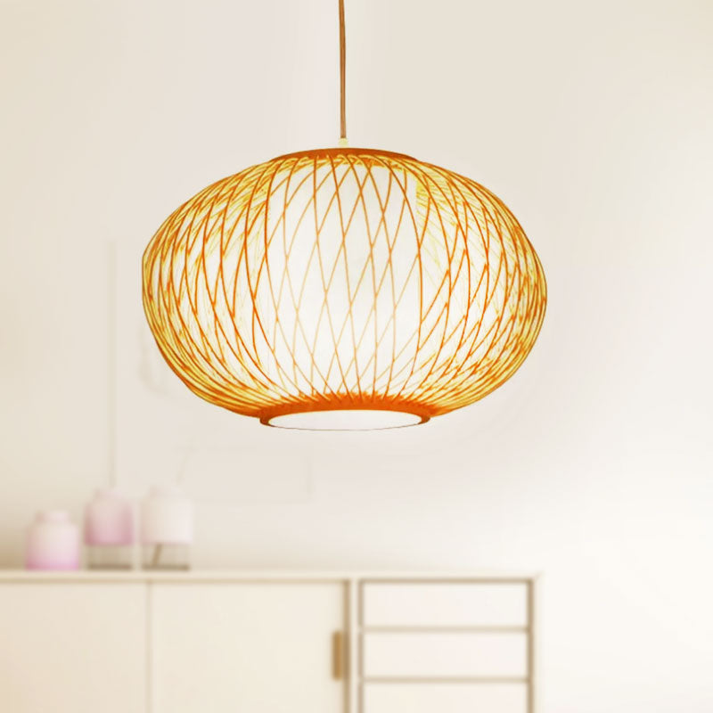 Modern Beige Hand-Knitted Hanging Bamboo Ceiling Lamp with Drum Shade - Perfect for Dining Room - 10"/16" W - 1 Bulb