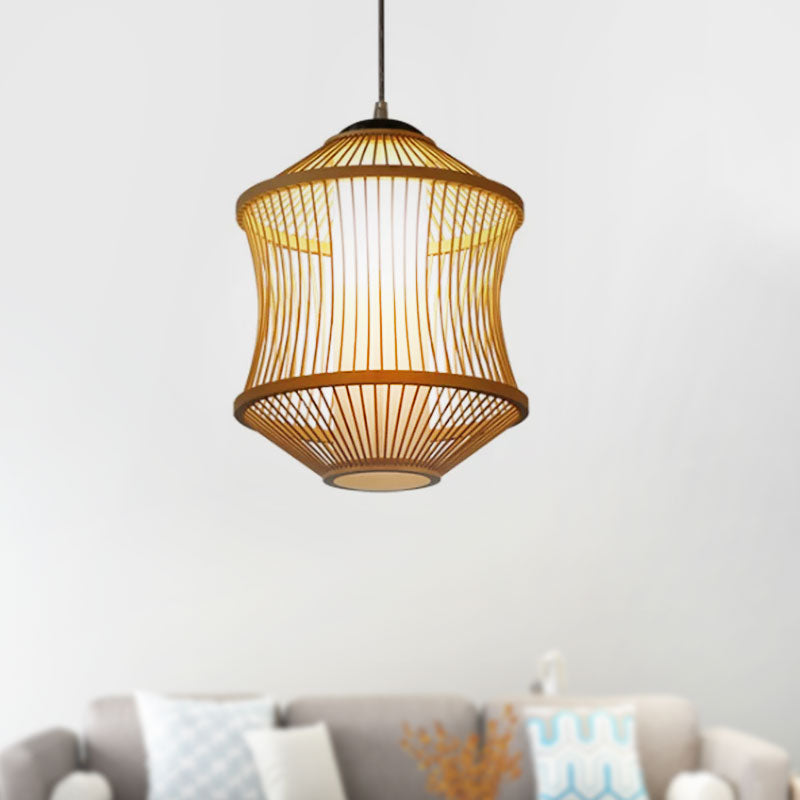 1 Head Asian Style Restaurant Hanging Light with Cylinder Bamboo Shade - Beige Ceiling Lamp