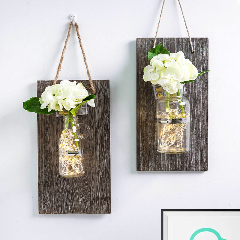 Nordic Glass Jar Flower Wall String Light with Wood Backplate, White Twinkle Light