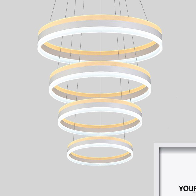 Modern Silver Circular LED Chandelier Pendant Light Fixture | 1/2/3-Light Acrylic Ceiling Lighting